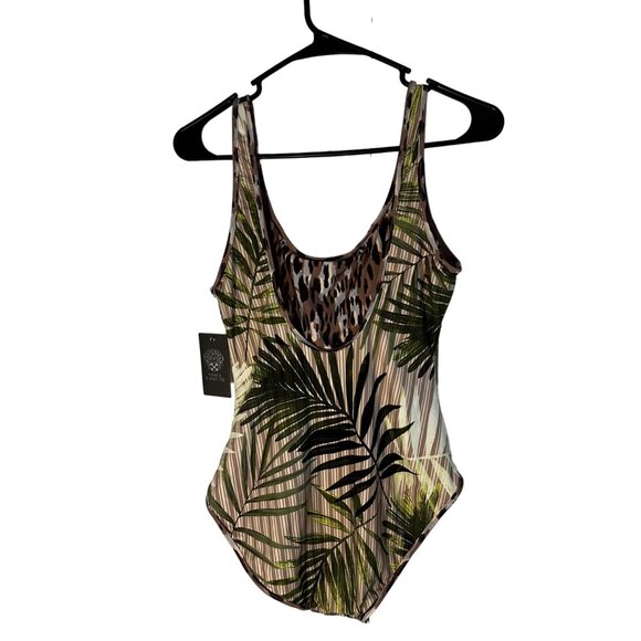 Vince Camuto Reversible One-Piece Swimsuit Leopard & Palm Print Size 14 Women's - Picture 2 of 9